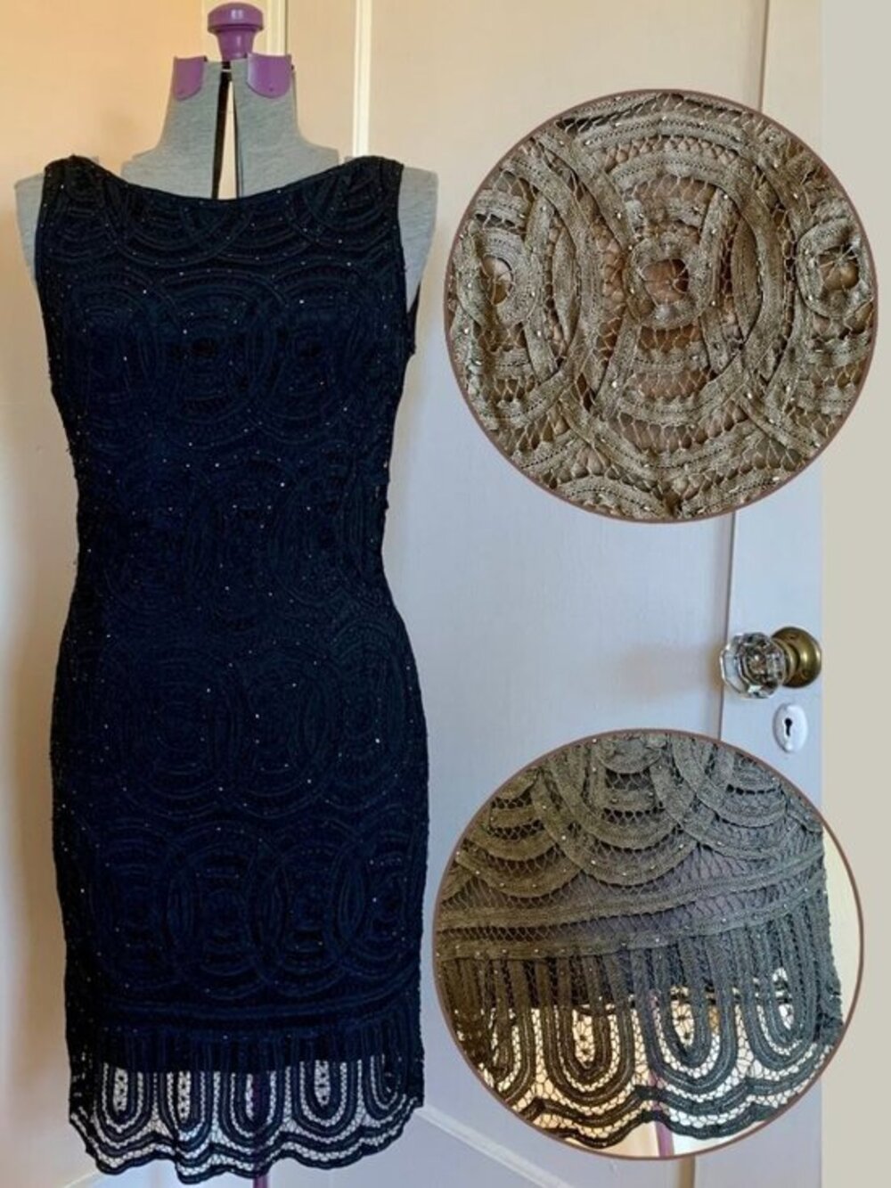 Black Beaded Lace Overlay Sheath Dress Sleeveless V-Back‎ Cocktail